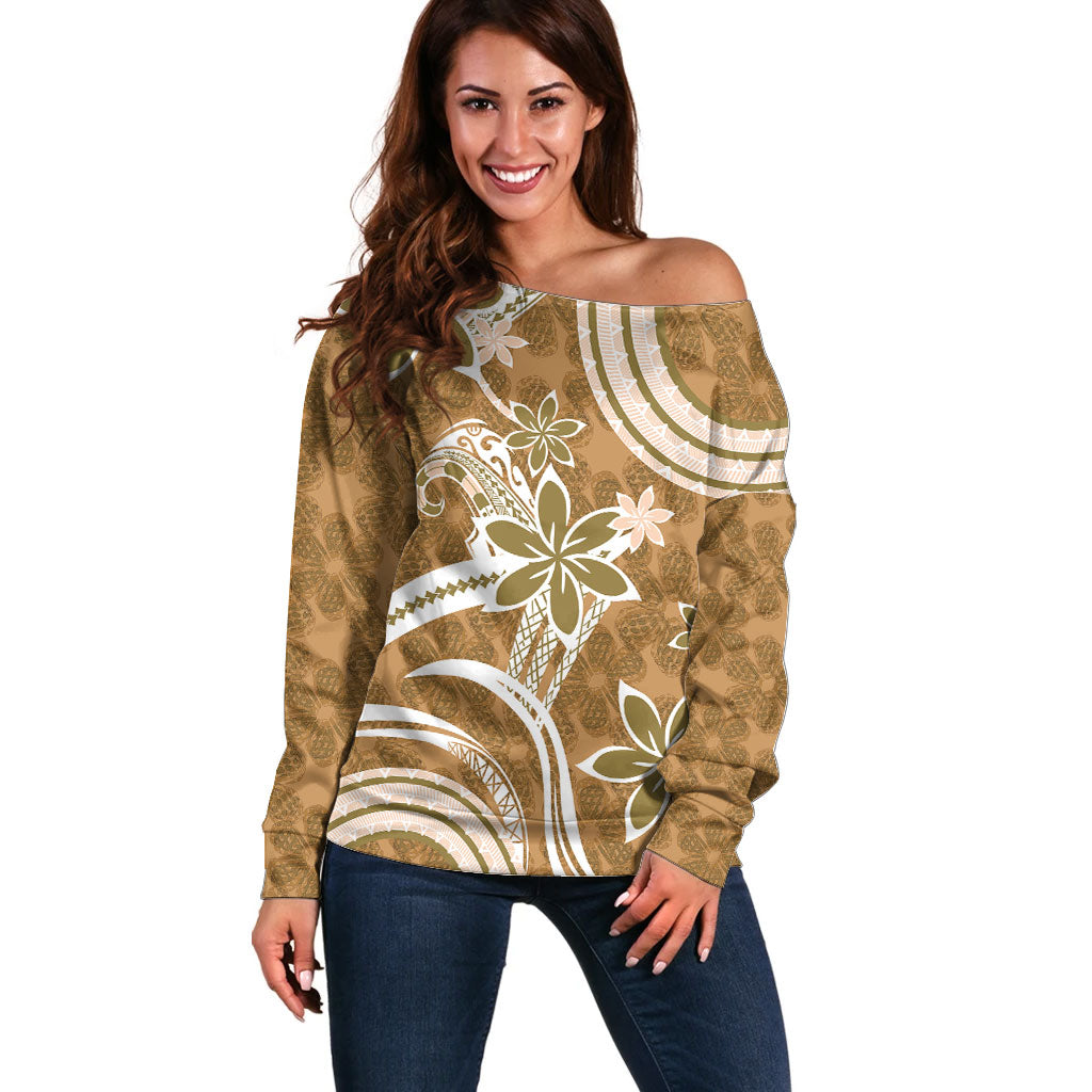 Hawaii Pupuala Plumeria Light Brown Off Shoulder Sweater Polynesian Pattern LT01 Women Light Brown - Polynesian Pride