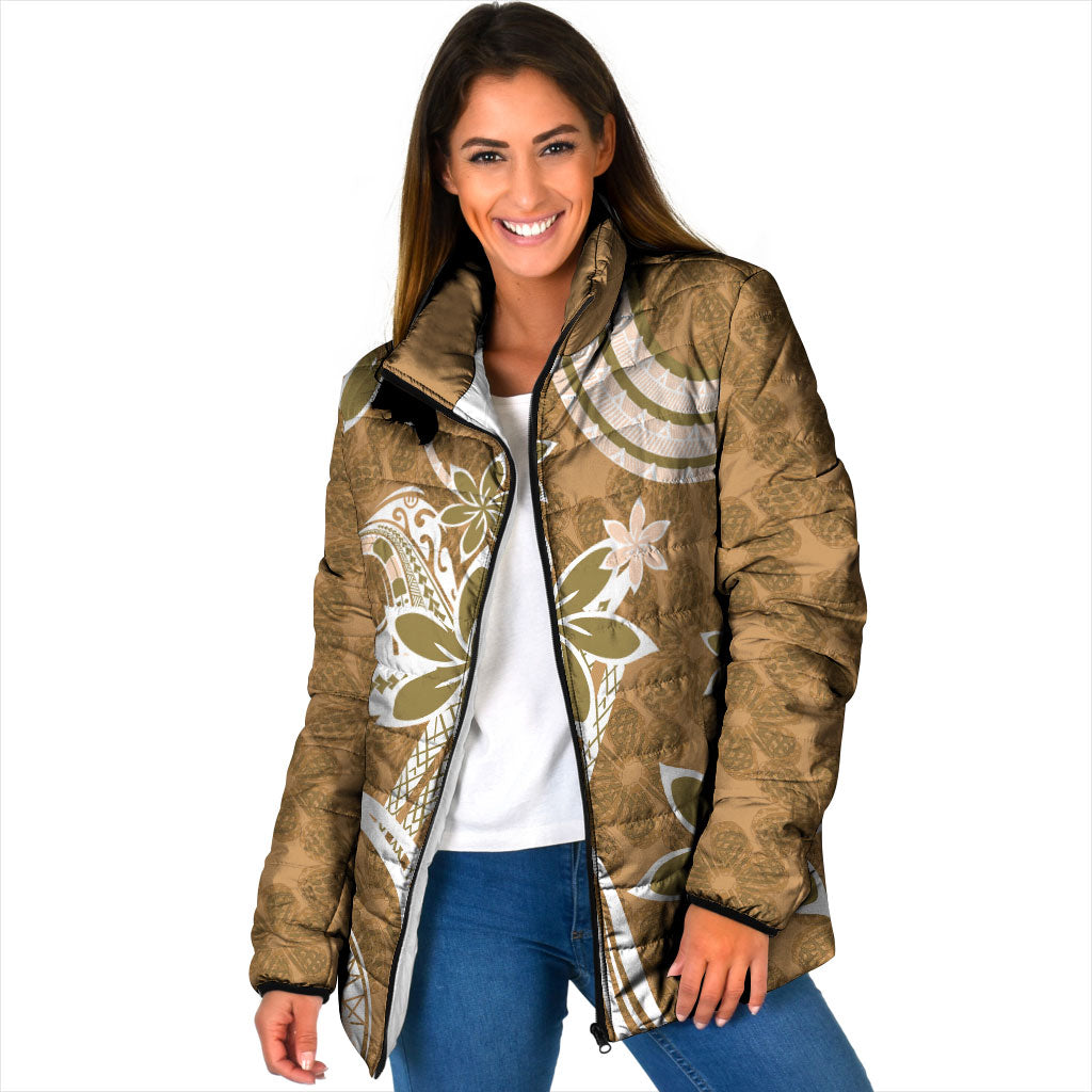 Hawaii Pupuala Plumeria Light Brown Padded Jacket Polynesian Pattern LT01 Women Light Brown - Polynesian Pride