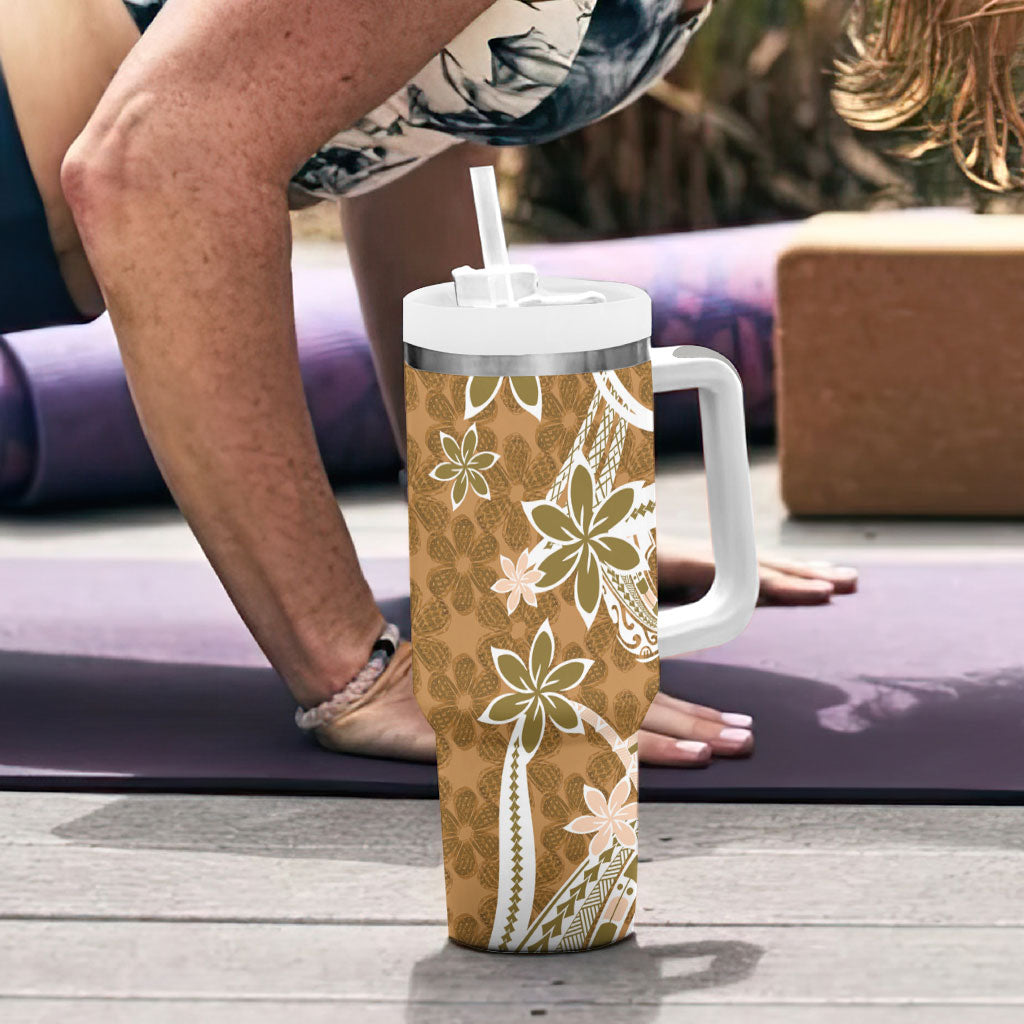 Hawaii Pupuala Plumeria Light Brown Tumbler With Handle Polynesian Pattern LT01 - Polynesian Pride