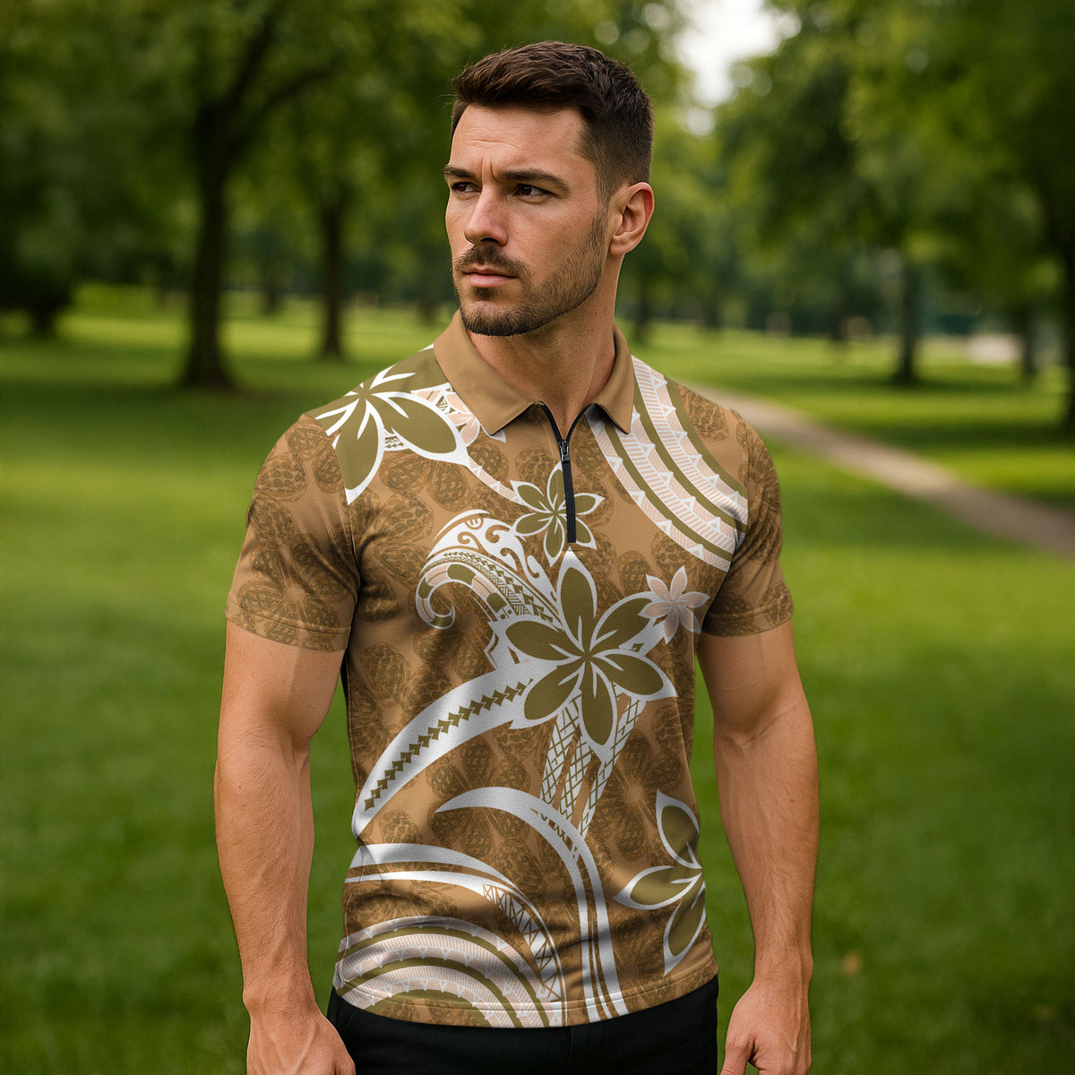 Hawaii Pupuala Plumeria Light Brown Zipper Polo Shirt Polynesian Pattern LT01 - Polynesian Pride