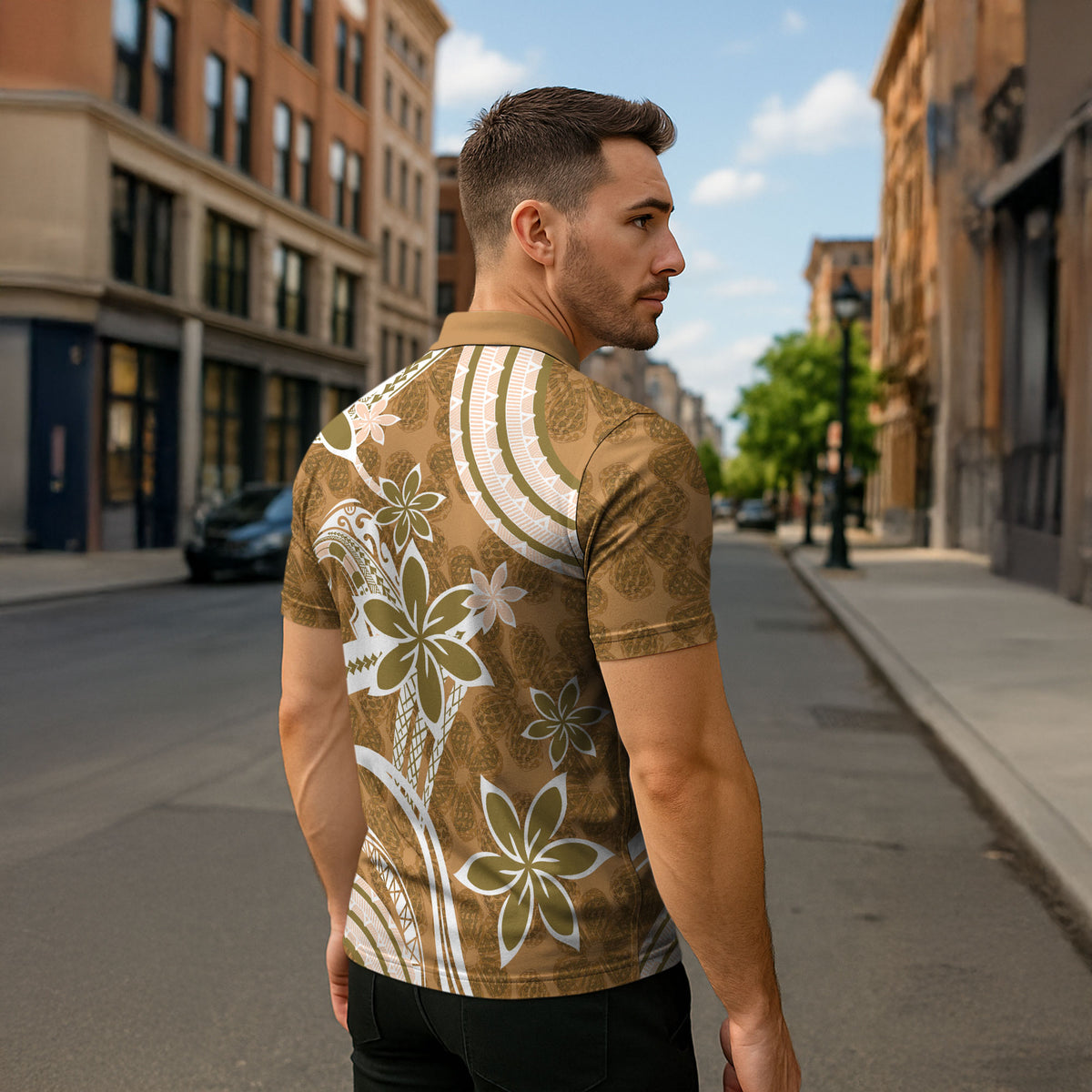 Hawaii Pupuala Plumeria Light Brown Zipper Polo Shirt Polynesian Pattern LT01 - Polynesian Pride