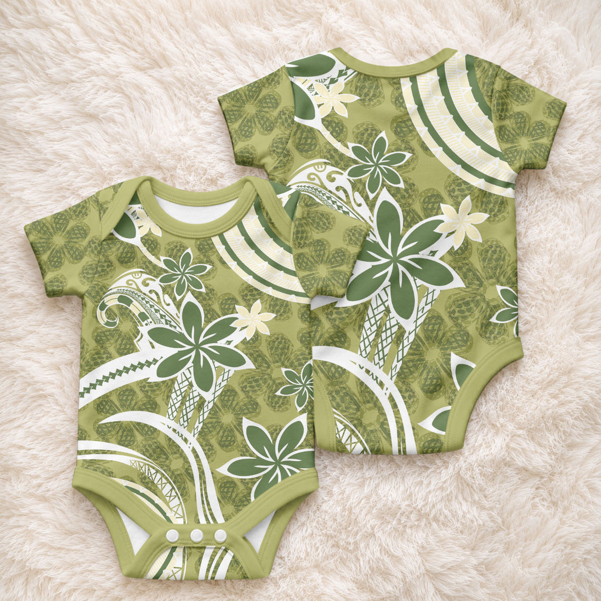 Hawaii Pupuala Plumeria Olive Green Baby Onesie Polynesian Pattern LT01 - Polynesian Pride