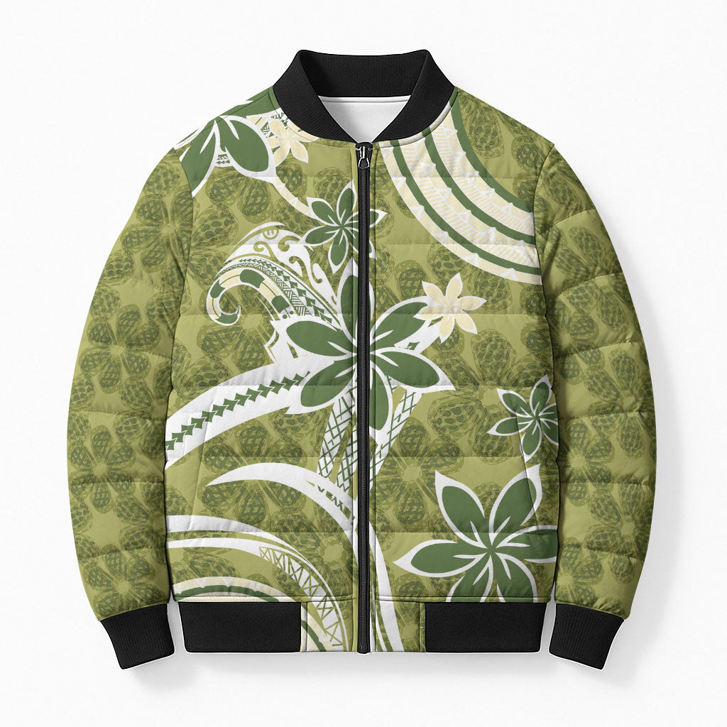 Hawaii Pupuala Plumeria Olive Green Bomber Puffer Jacket Polynesian Pattern LT01 Unisex Olive Green - Polynesian Pride
