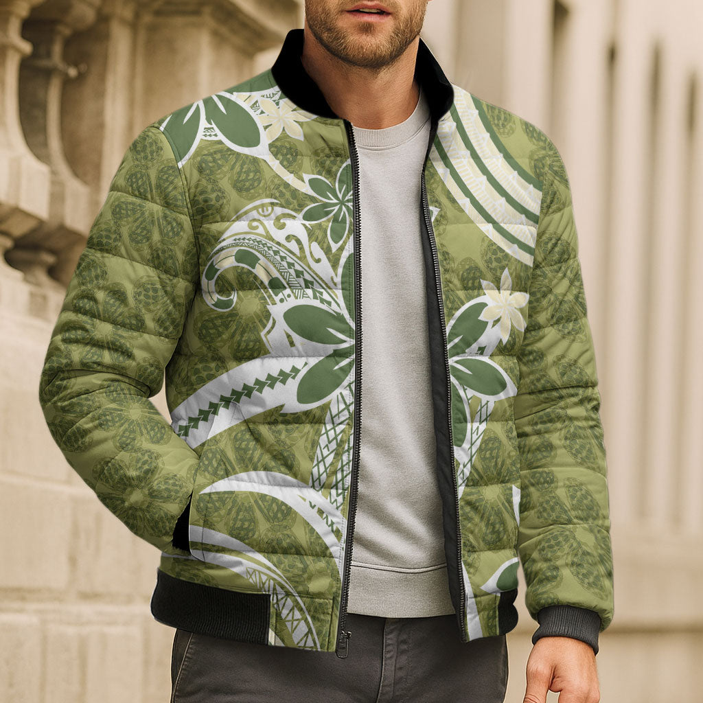 Hawaii Pupuala Plumeria Olive Green Bomber Puffer Jacket Polynesian Pattern LT01 - Polynesian Pride