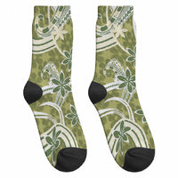 Hawaii Pupuala Plumeria Olive Green Crew Socks Polynesian Pattern LT01 - Polynesian Pride