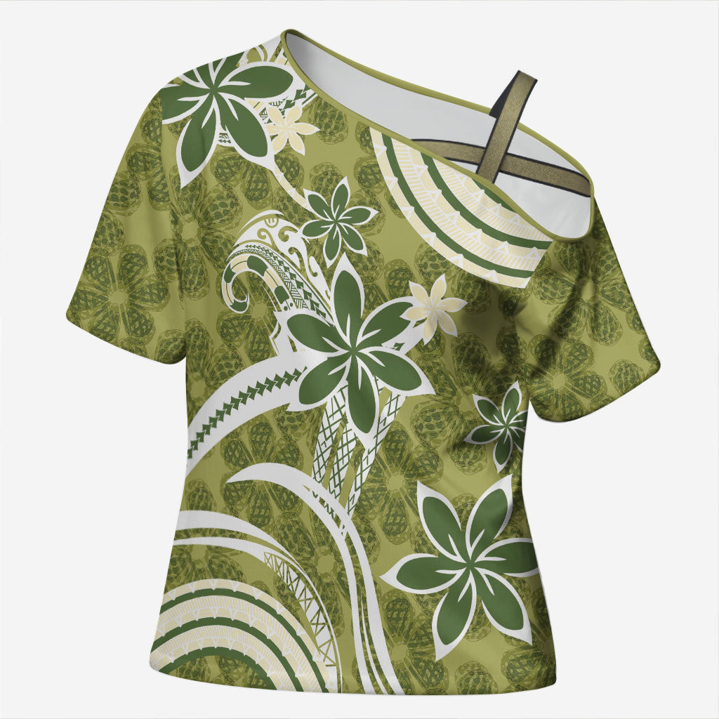 Hawaii Pupuala Plumeria Olive Green Cross Shoulder Shirt Polynesian Pattern LT01 Female Olive Green - Polynesian Pride