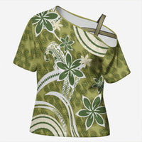 Hawaii Pupuala Plumeria Olive Green Cross Shoulder Shirt Polynesian Pattern LT01 Female Olive Green - Polynesian Pride
