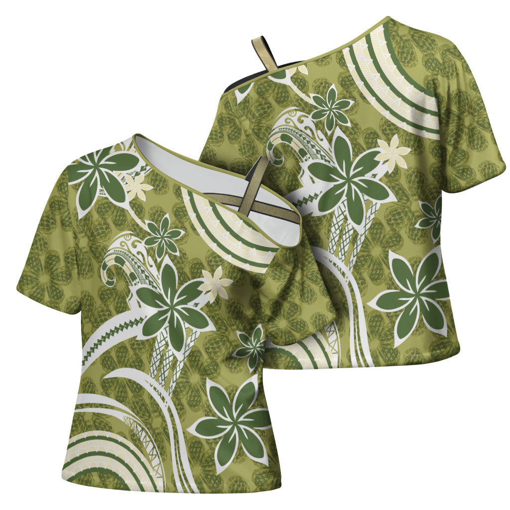 Hawaii Pupuala Plumeria Olive Green Cross Shoulder Shirt Polynesian Pattern LT01 - Polynesian Pride