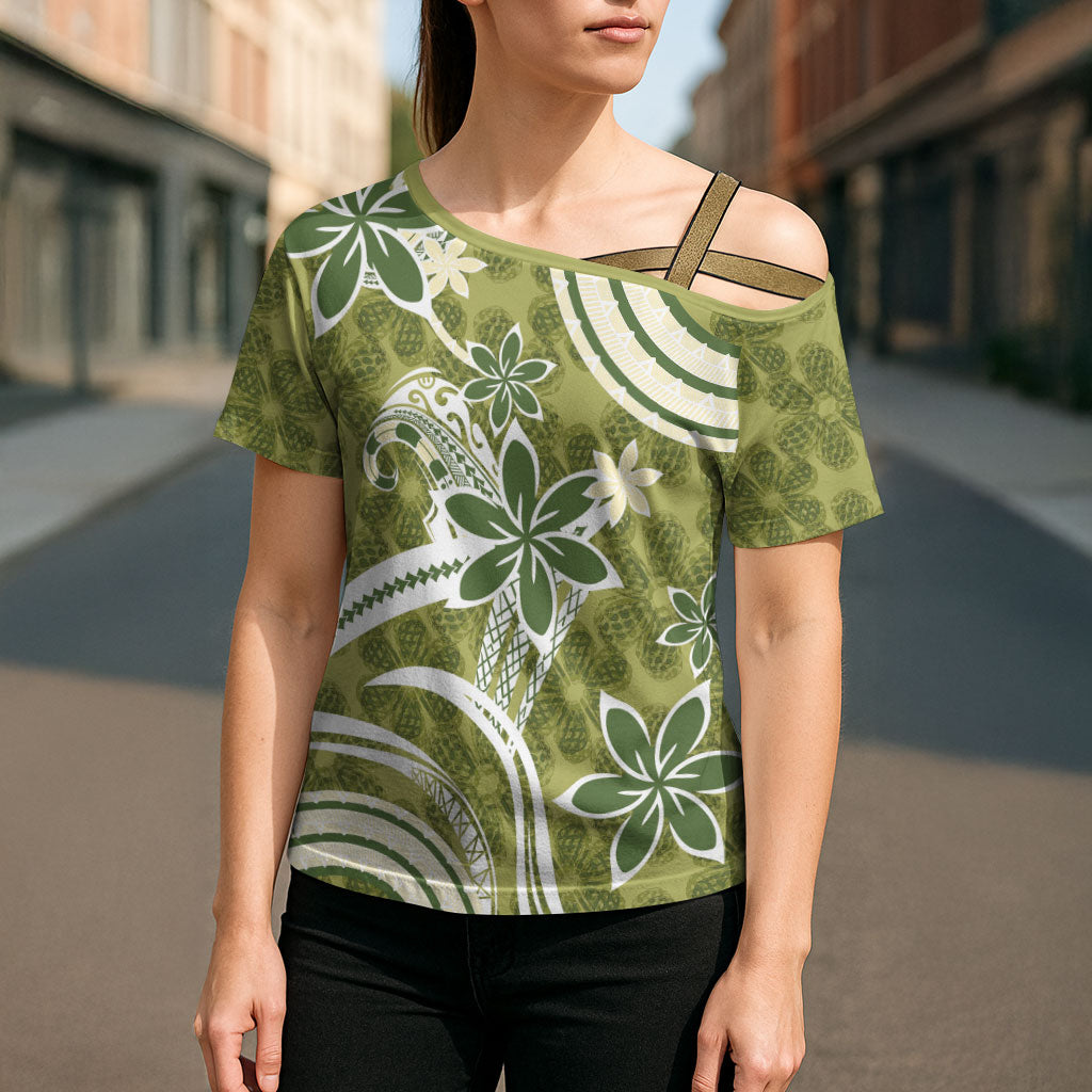 Hawaii Pupuala Plumeria Olive Green Cross Shoulder Shirt Polynesian Pattern LT01 - Polynesian Pride