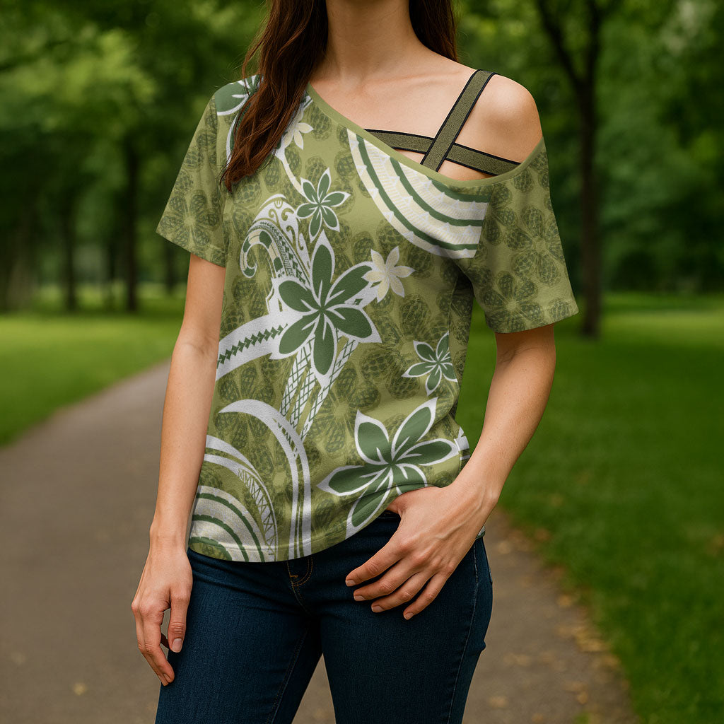 Hawaii Pupuala Plumeria Olive Green Cross Shoulder Shirt Polynesian Pattern LT01 - Polynesian Pride