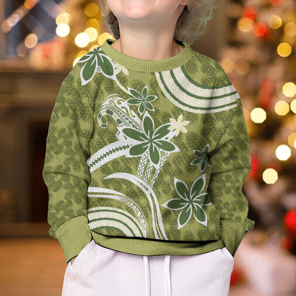 Hawaii Pupuala Plumeria Olive Green Kid Ugly Christmas Sweater Polynesian Pattern LT01 - Polynesian Pride
