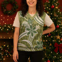 Hawaii Pupuala Plumeria Olive Green Christmas Knitted V-Neck Vest Polynesian Pattern LT01 - Polynesian Pride