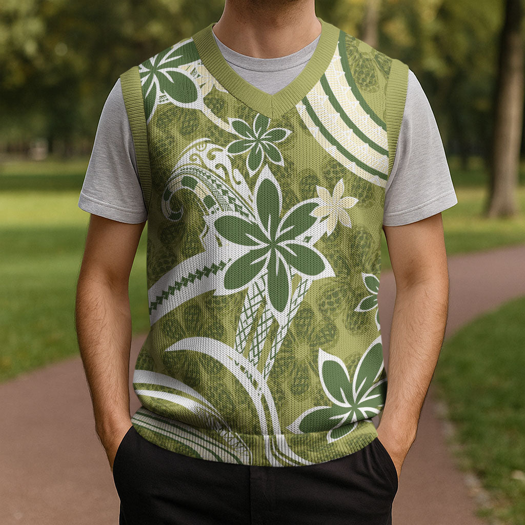 Hawaii Pupuala Plumeria Olive Green Christmas Knitted V-Neck Vest Polynesian Pattern LT01 - Polynesian Pride