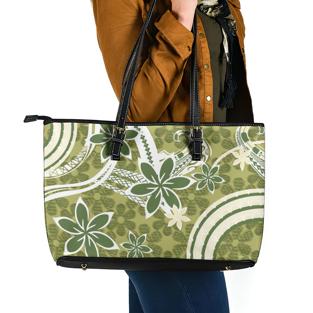 Hawaii Pupuala Plumeria Olive Green Leather Tote Bag Polynesian Pattern LT01 - Polynesian Pride