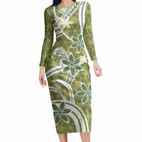 Hawaii Pupuala Plumeria Olive Green Long Sleeve Bodycon Dress Polynesian Pattern LT01 Long Dress Olive Green - Polynesian Pride