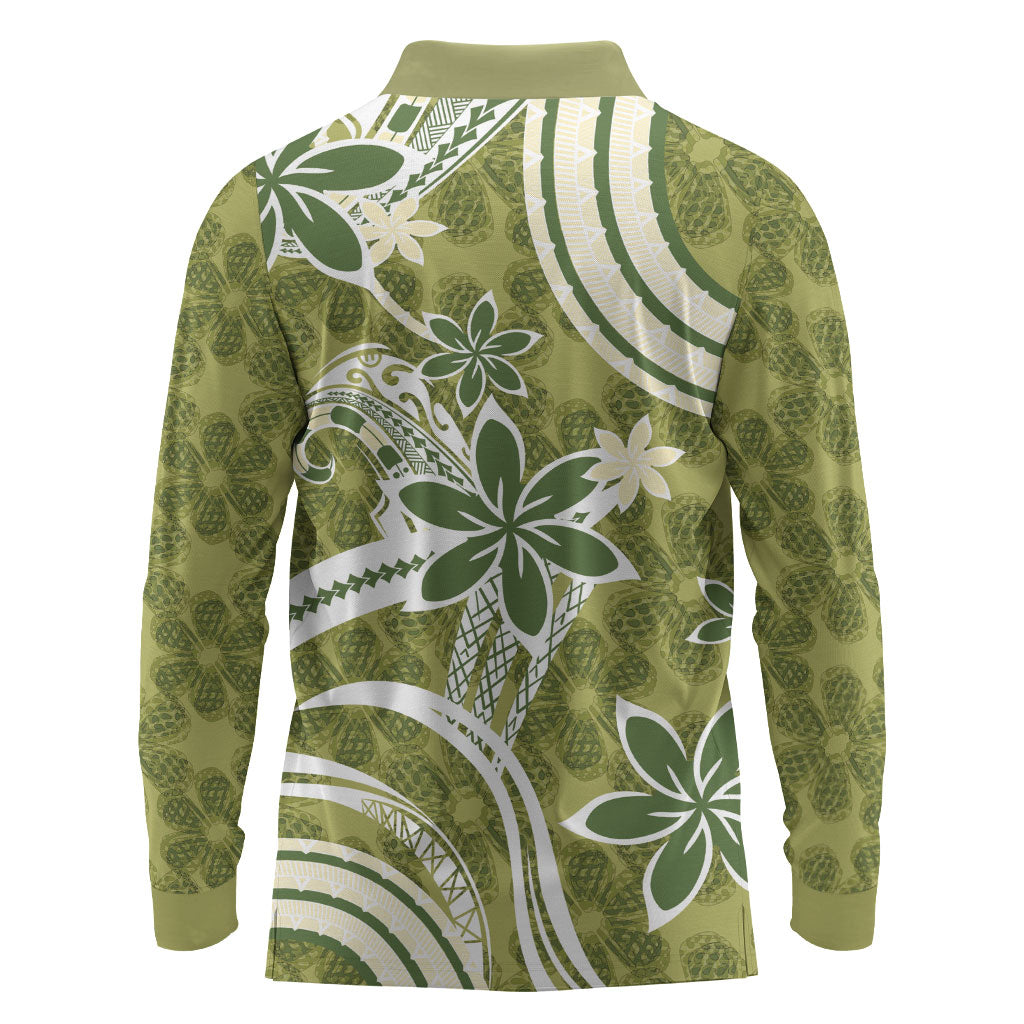 Hawaii Pupuala Plumeria Olive Green Long Sleeve Polo Shirt Polynesian Pattern LT01 - Polynesian Pride