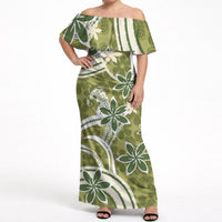 Hawaii Pupuala Plumeria Olive Green Off Shoulder Maxi Dress Polynesian Pattern LT01 Women Olive Green - Polynesian Pride