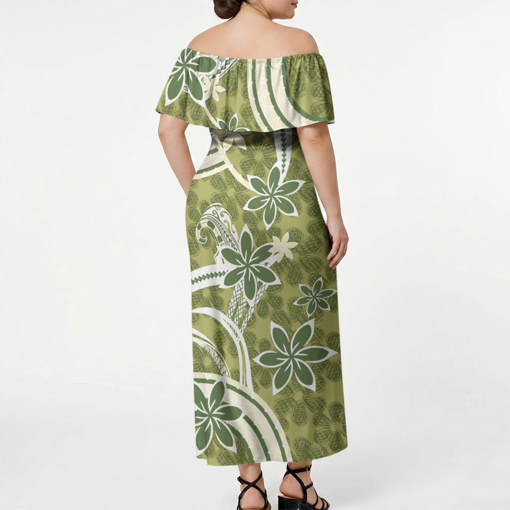 Hawaii Pupuala Plumeria Olive Green Off Shoulder Maxi Dress Polynesian Pattern LT01 - Polynesian Pride