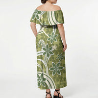 Hawaii Pupuala Plumeria Olive Green Off Shoulder Maxi Dress Polynesian Pattern LT01 - Polynesian Pride