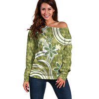 Hawaii Pupuala Plumeria Olive Green Off Shoulder Sweater Polynesian Pattern LT01 Women Olive Green - Polynesian Pride
