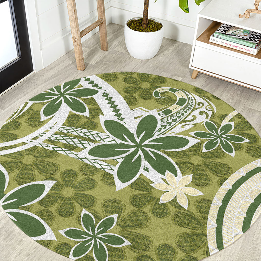 Hawaii Pupuala Plumeria Olive Green Round Carpet Polynesian Pattern LT01 Olive Green - Polynesian Pride