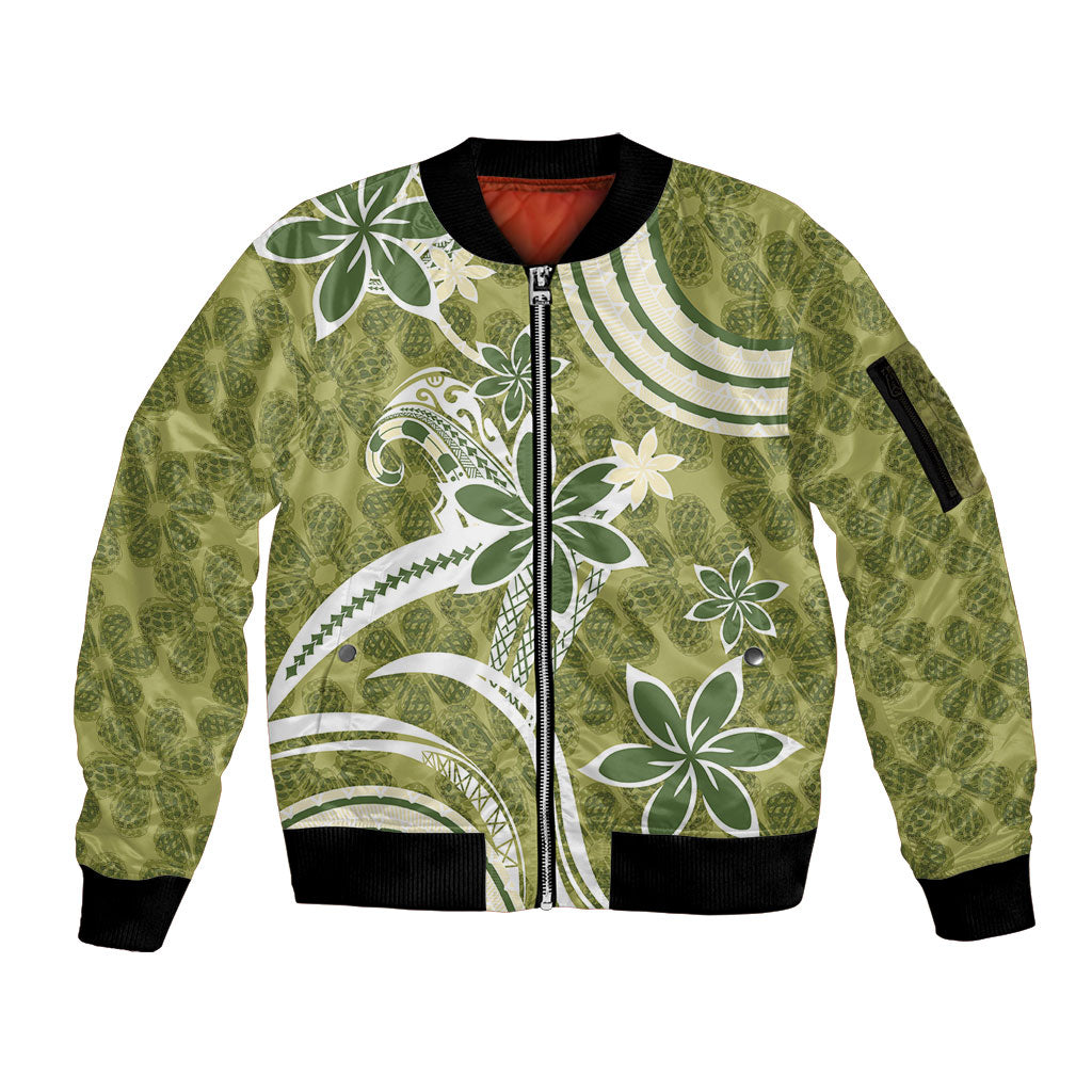 Hawaii Pupuala Plumeria Olive Green Sleeve Zip Bomber Jacket Polynesian Pattern LT01 Unisex Olive Green - Polynesian Pride