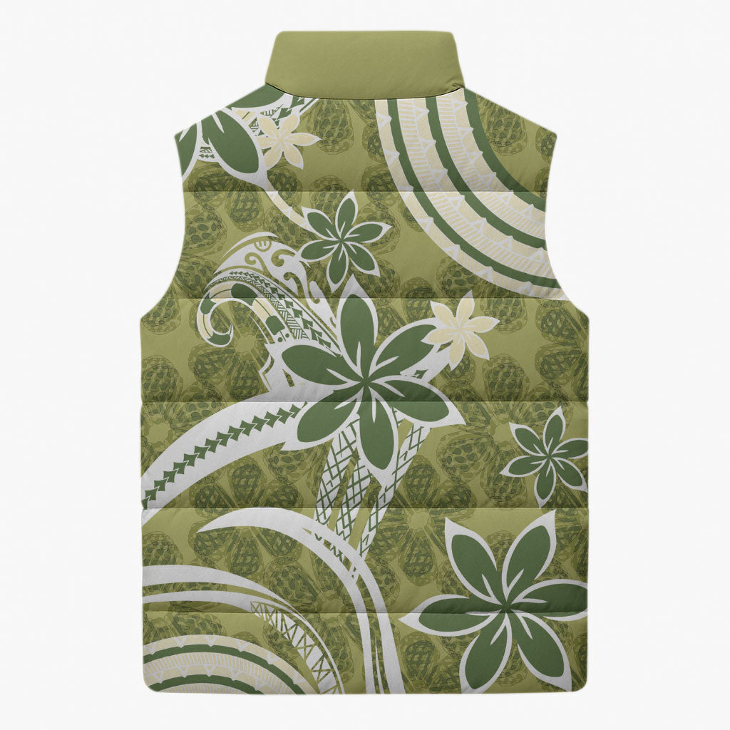 Hawaii Pupuala Plumeria Olive Green Sleeveless Puffer Jacket Polynesian Pattern LT01 - Polynesian Pride