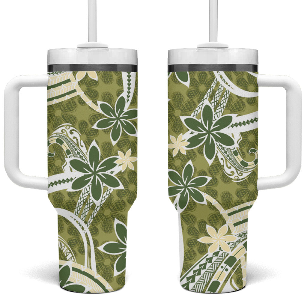 Hawaii Pupuala Plumeria Olive Green Tumbler With Handle Polynesian Pattern LT01 One Size: 40 oz Olive Green - Polynesian Pride