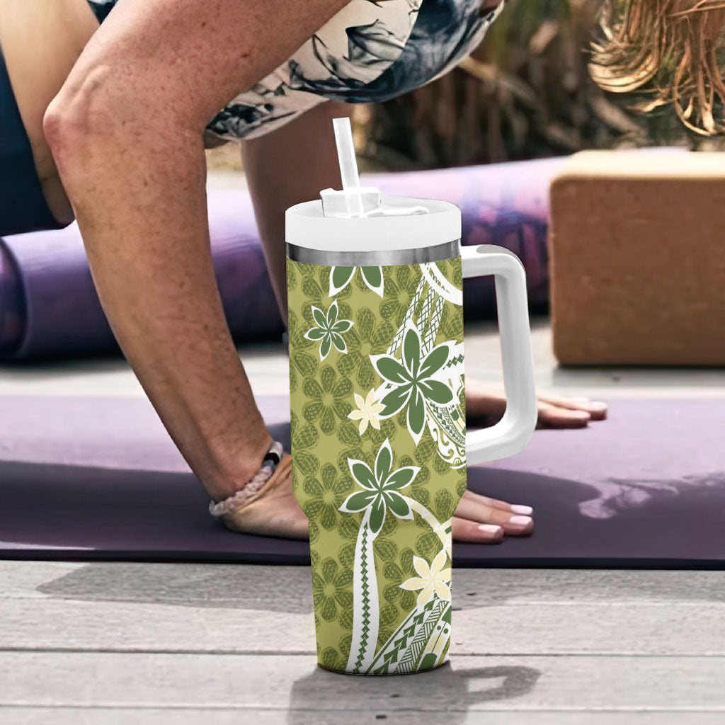 Hawaii Pupuala Plumeria Olive Green Tumbler With Handle Polynesian Pattern LT01 - Polynesian Pride
