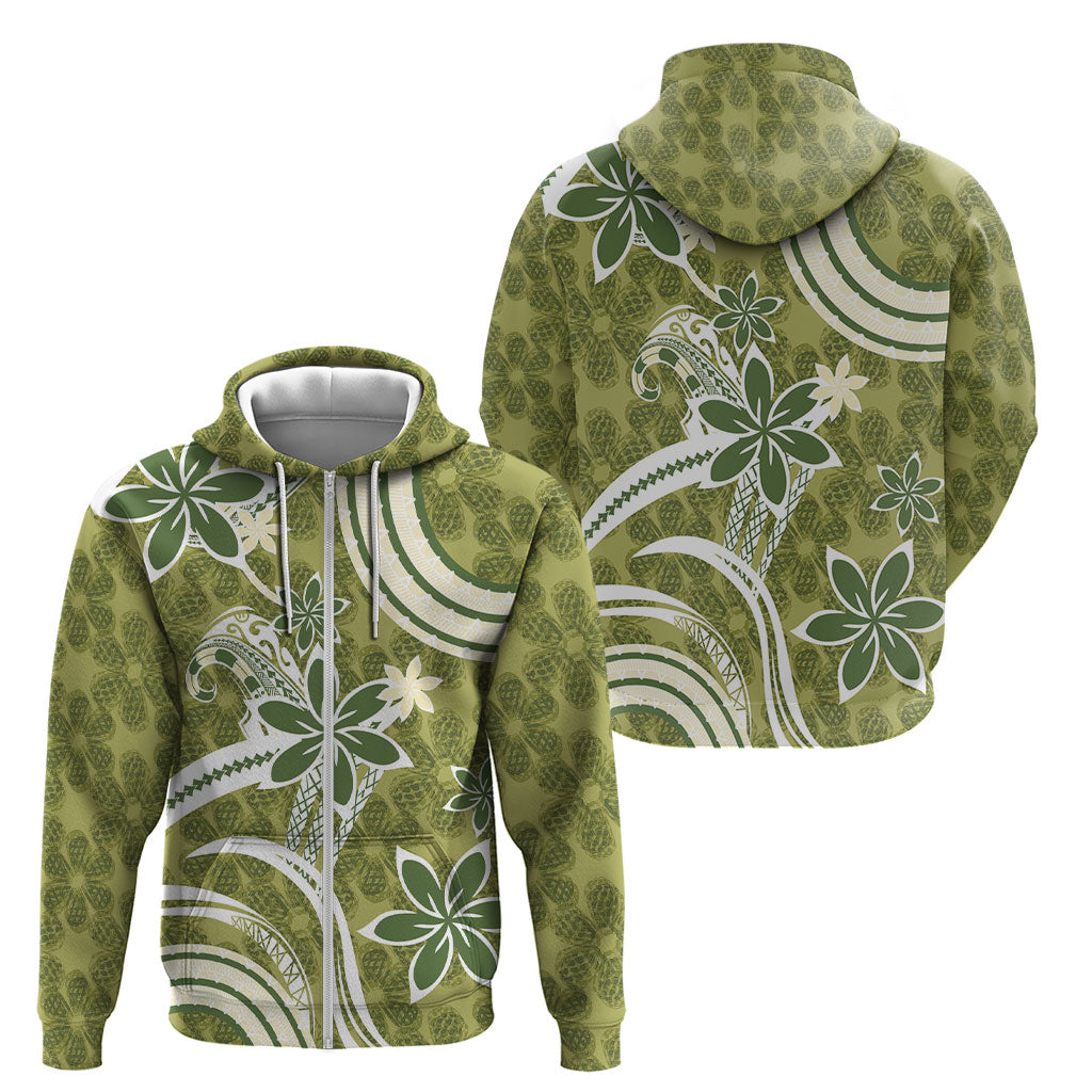 Hawaii Pupuala Plumeria Olive Green Zip Hoodie Polynesian Pattern LT01 - Polynesian Pride