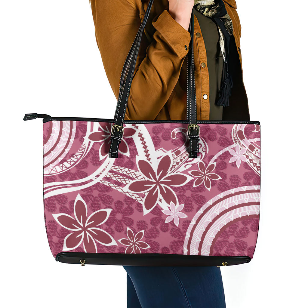 Hawaii Pupuala Plumeria Pink Leather Tote Bag Polynesian Pattern LT01 - Polynesian Pride