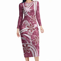 Hawaii Pupuala Plumeria Pink Long Sleeve Bodycon Dress Polynesian Pattern LT01 Long Dress Pink - Polynesian Pride