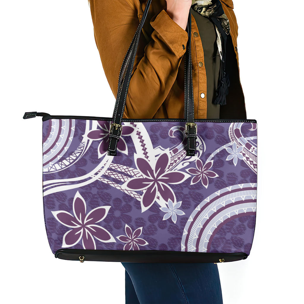Hawaii Pupuala Plumeria Purple Leather Tote Bag Polynesian Pattern LT01 - Polynesian Pride
