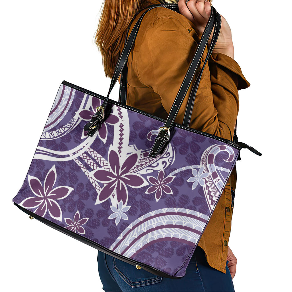 Hawaii Pupuala Plumeria Purple Leather Tote Bag Polynesian Pattern LT01 - Polynesian Pride