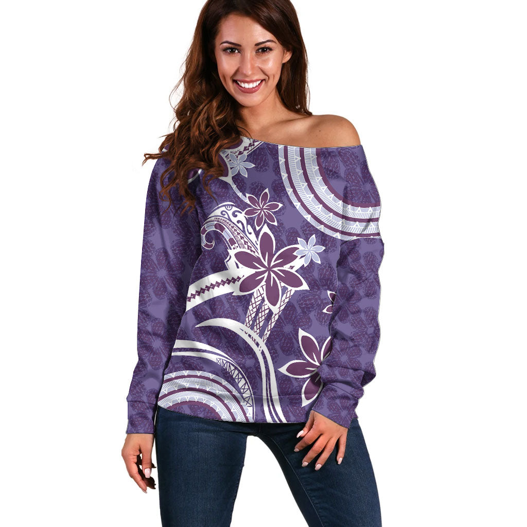Hawaii Pupuala Plumeria Purple Off Shoulder Sweater Polynesian Pattern LT01 Women Purple - Polynesian Pride