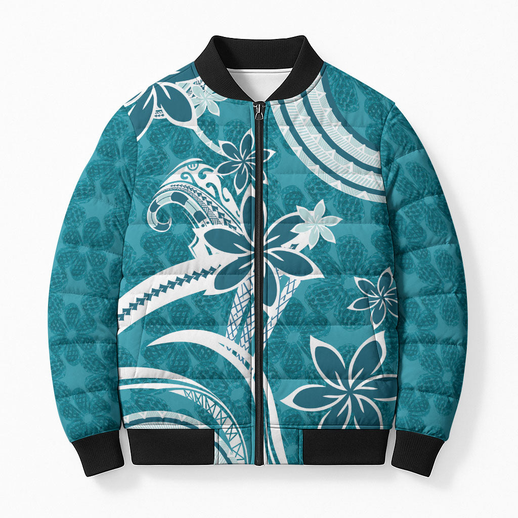 Hawaii Pupuala Plumeria Teal Bomber Puffer Jacket Polynesian Pattern LT01 Unisex Teal - Polynesian Pride