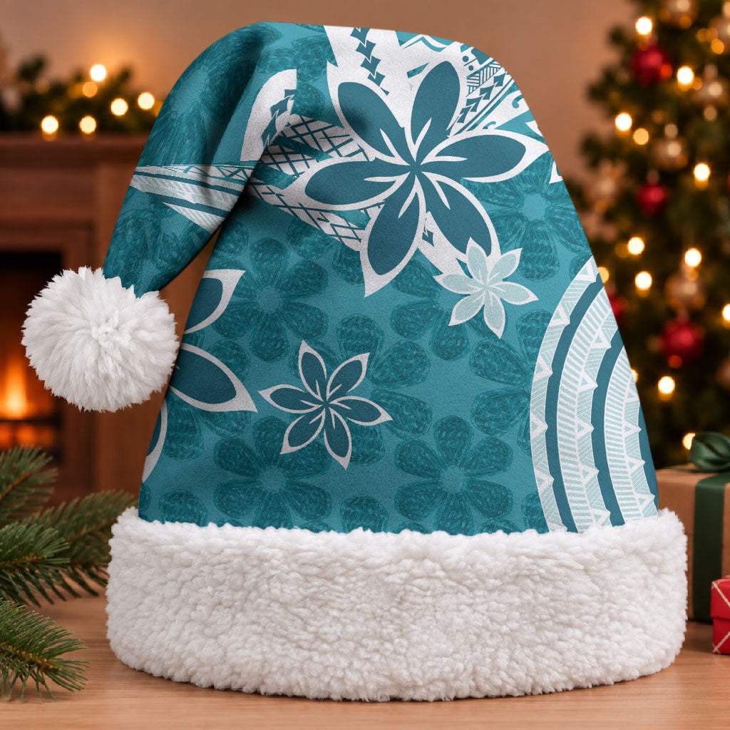 Hawaii Pupuala Plumeria Teal Christmas Santa Hat Polynesian Pattern LT01 With Fur Teal - Polynesian Pride