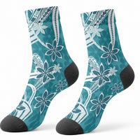 Hawaii Pupuala Plumeria Teal Crew Socks Polynesian Pattern LT01 - Polynesian Pride