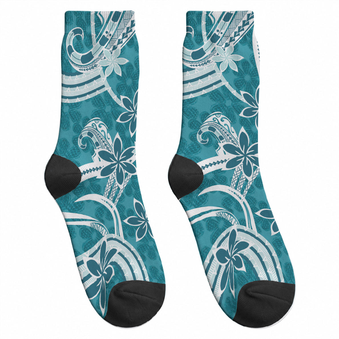 Hawaii Pupuala Plumeria Teal Crew Socks Polynesian Pattern LT01 - Polynesian Pride