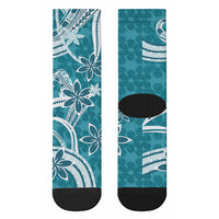 Hawaii Pupuala Plumeria Teal Crew Socks Polynesian Pattern LT01 - Polynesian Pride