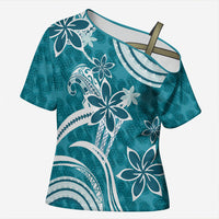 Hawaii Pupuala Plumeria Teal Cross Shoulder Shirt Polynesian Pattern LT01 Female Teal - Polynesian Pride