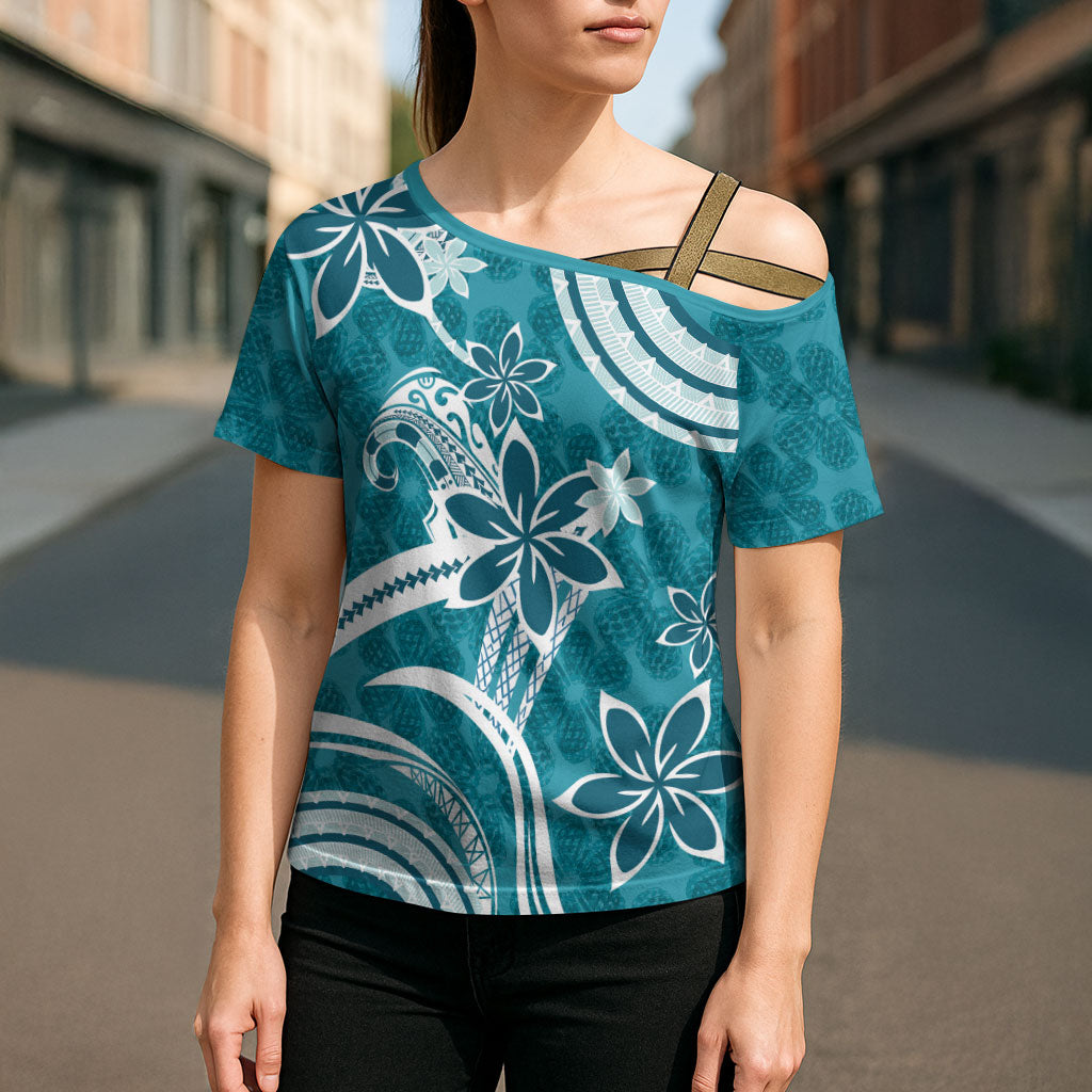Hawaii Pupuala Plumeria Teal Cross Shoulder Shirt Polynesian Pattern LT01 - Polynesian Pride