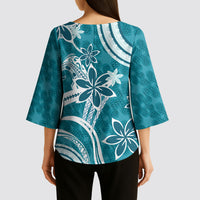 Hawaii Pupuala Plumeria Teal Kimono Sleeve Blouse Polynesian Pattern LT01 - Polynesian Pride
