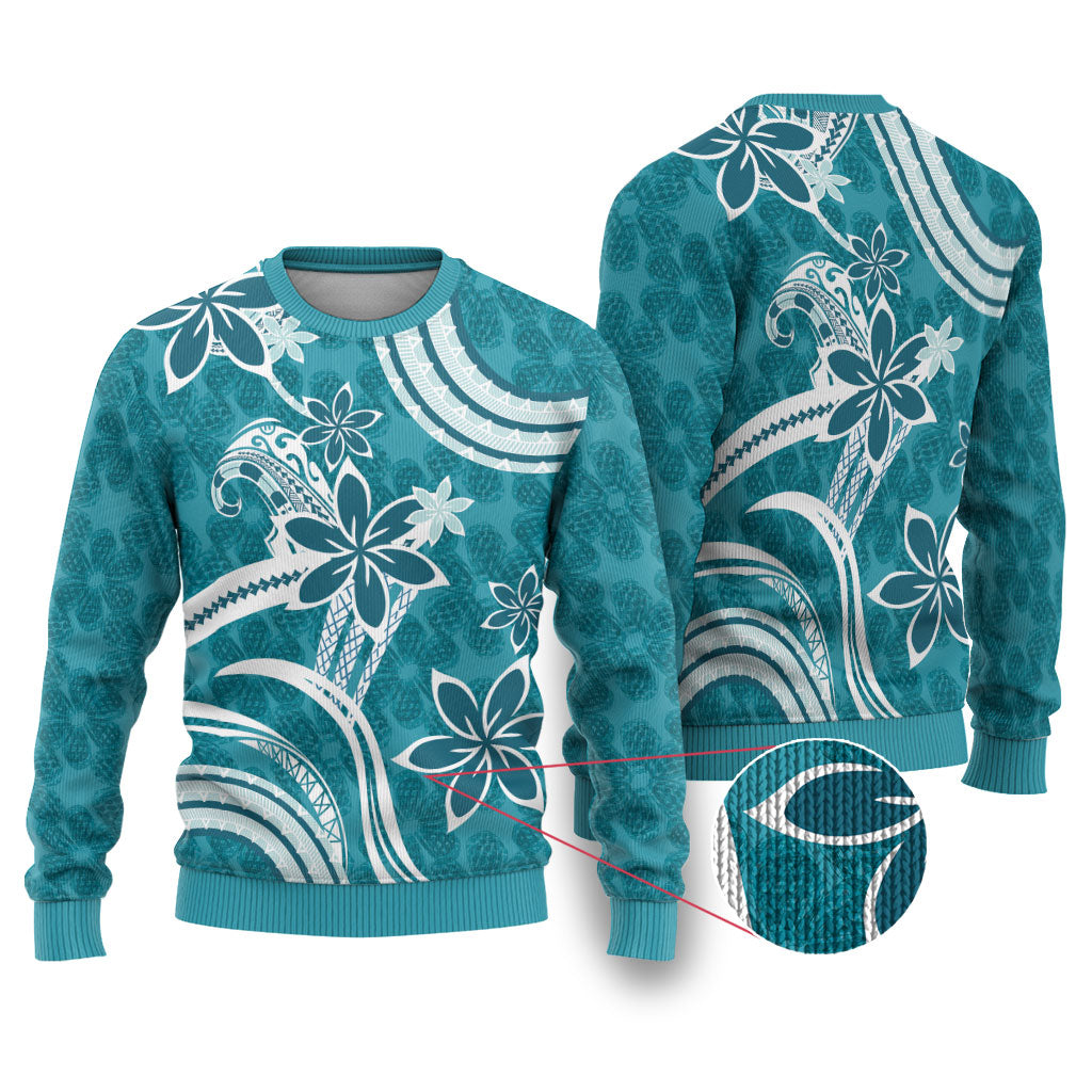 Hawaii Pupuala Plumeria Teal Ugly Christmas Sweater Polynesian Pattern LT01 Teal - Polynesian Pride
