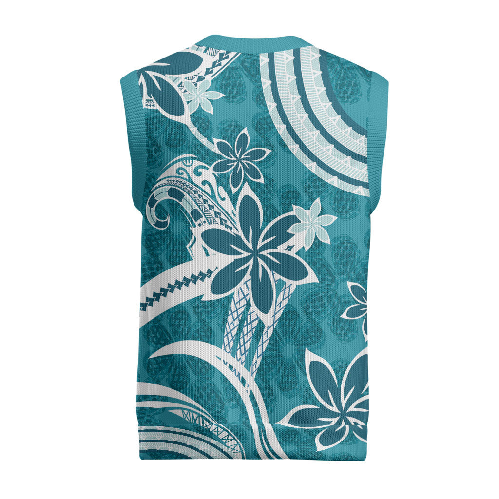 Hawaii Pupuala Plumeria Teal Christmas Knitted V-Neck Vest Polynesian Pattern LT01 - Polynesian Pride