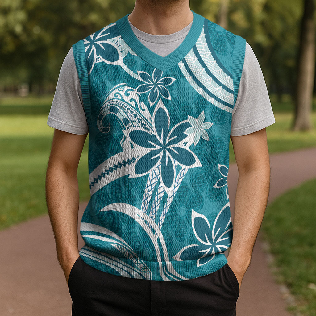 Hawaii Pupuala Plumeria Teal Christmas Knitted V-Neck Vest Polynesian Pattern LT01 - Polynesian Pride