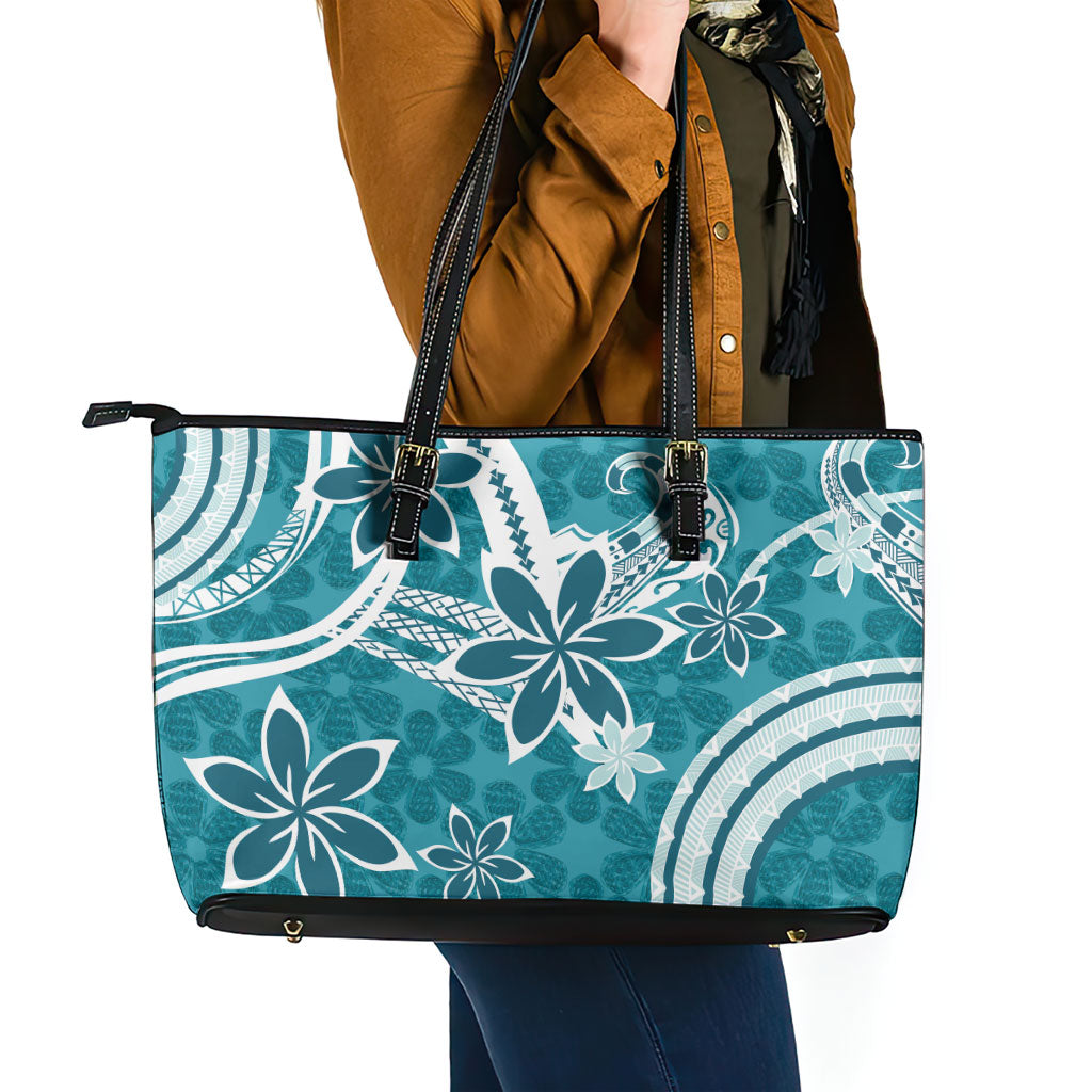Hawaii Pupuala Plumeria Teal Leather Tote Bag Polynesian Pattern LT01 - Polynesian Pride