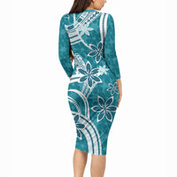 Hawaii Pupuala Plumeria Teal Long Sleeve Bodycon Dress Polynesian Pattern LT01 - Polynesian Pride