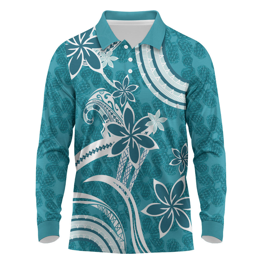 Hawaii Pupuala Plumeria Teal Long Sleeve Polo Shirt Polynesian Pattern LT01 Teal - Polynesian Pride