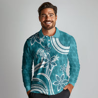 Hawaii Pupuala Plumeria Teal Long Sleeve Polo Shirt Polynesian Pattern LT01 - Polynesian Pride